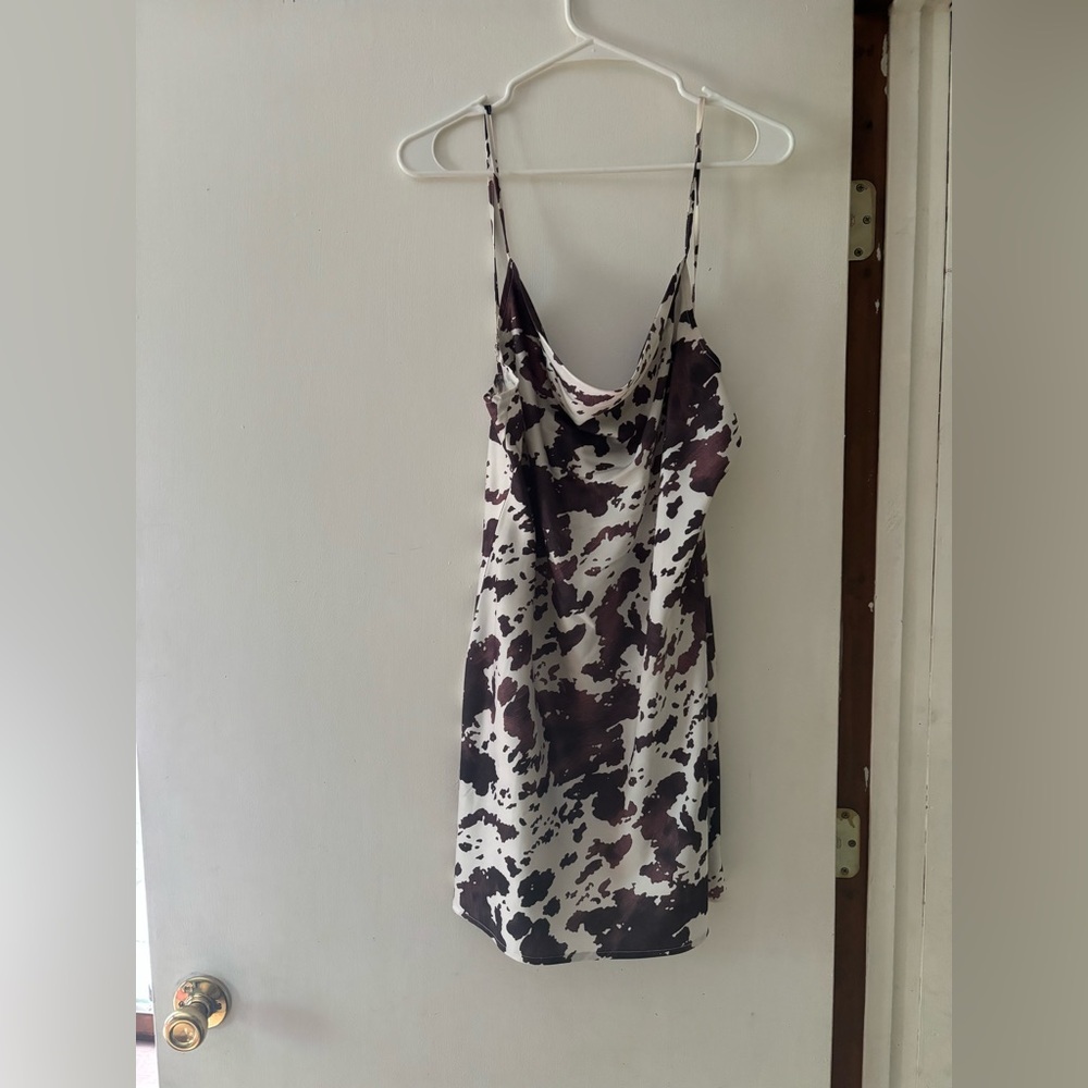 Lioness Brand from UO Cowl Neck Mini Slip Dress in Brown & White Cow Print Sz XL